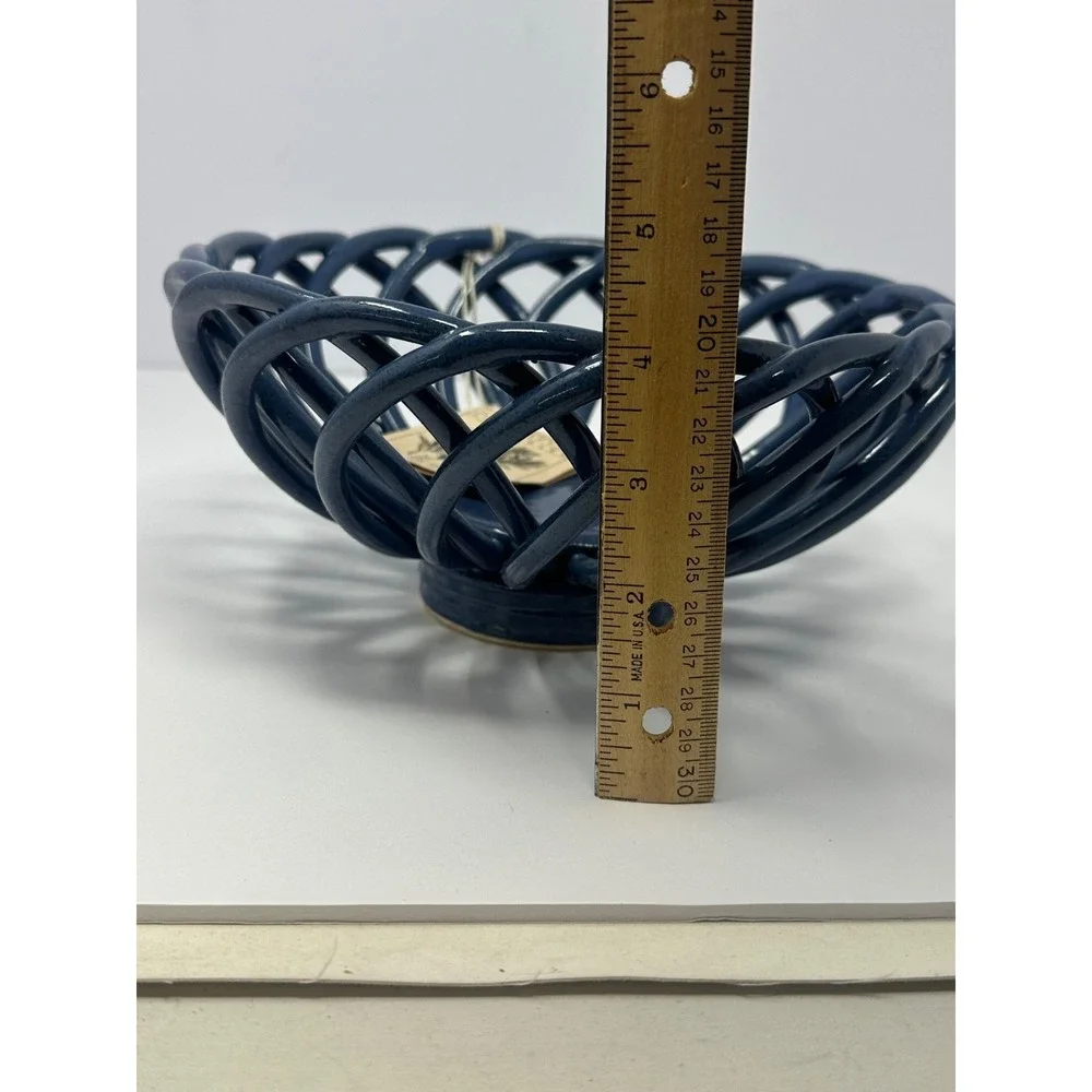 Vintage NEW Blue Eucalyptus Stoneware Woven Bread Warming Basket Made In USA